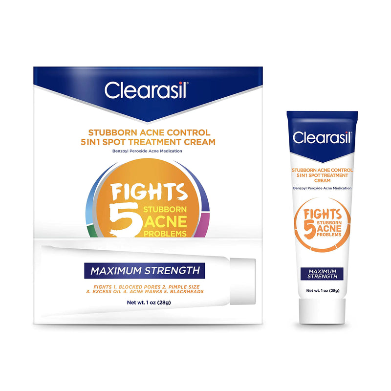 Clearasil Stubborn Acne Control 5in1 Spot Treatment Cream, Maximum Strenght with 10% Benzoyl Peroxide, Acne Medication, 1 oz 1 Ounce (Pack of 1)